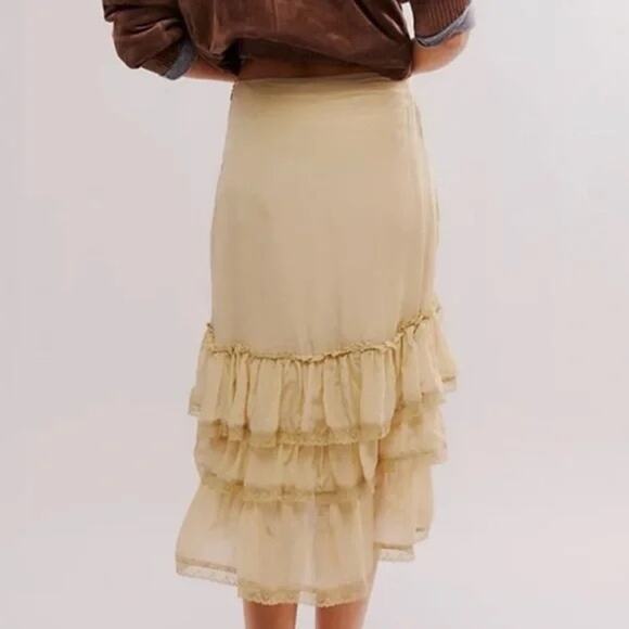 Free People Calliope Ruffle Midi Skirt Tan SMALL NEW Ethereal Western Bohemian - Picture 5 of 6